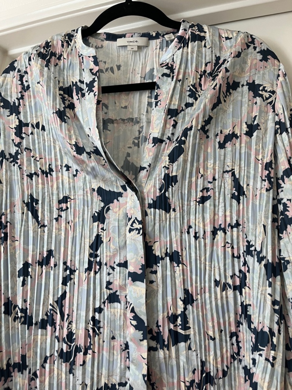 Vince Pleated Floral Button-Front Top — Navy, Light Blue & Pink